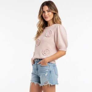 Joie Pink Short Sleeve Sweater Floral 3D Knit Puff Sleeve Crochet Appliqué Top